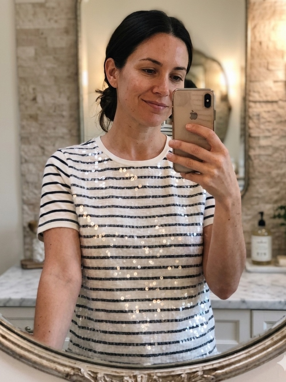 J. Crew White Sequin Striped Short Sleeve Tee